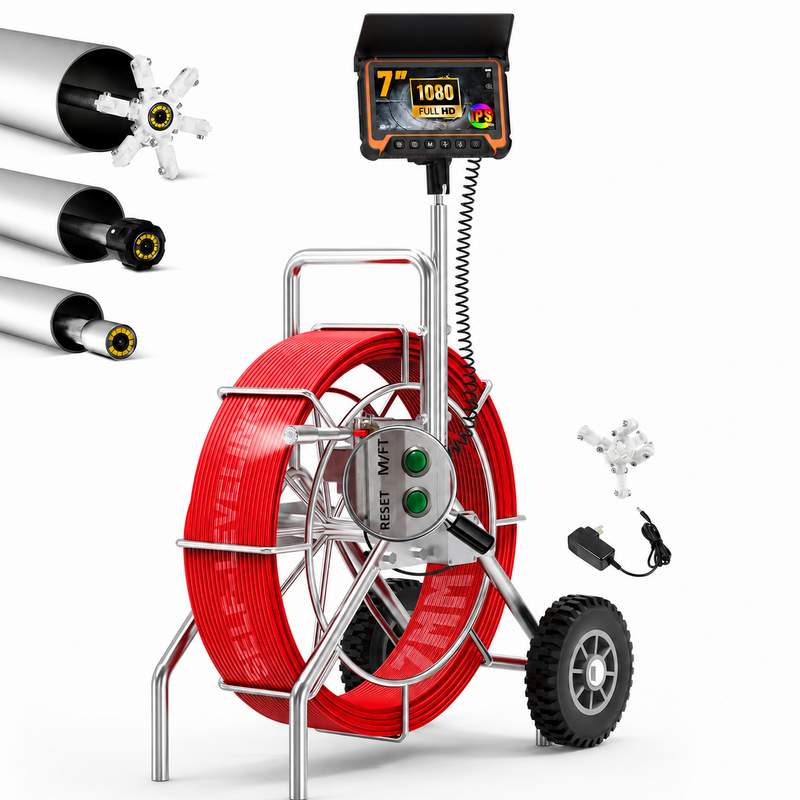 Powerwill 7GY 200FT Sewer Camera with 512Hz Transmitter, Distance Counter, DVR Recording, 7-Inch IPS Monitor, Self-Leveling Pipe Inspection Camera