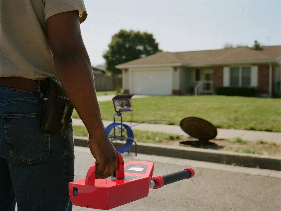 Professional plumber tracing a buried residential water line with a handheld locator in a suburban yard