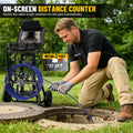 Powerwill PW10DZ on-screen distance counter during an outdoor pipe inspection