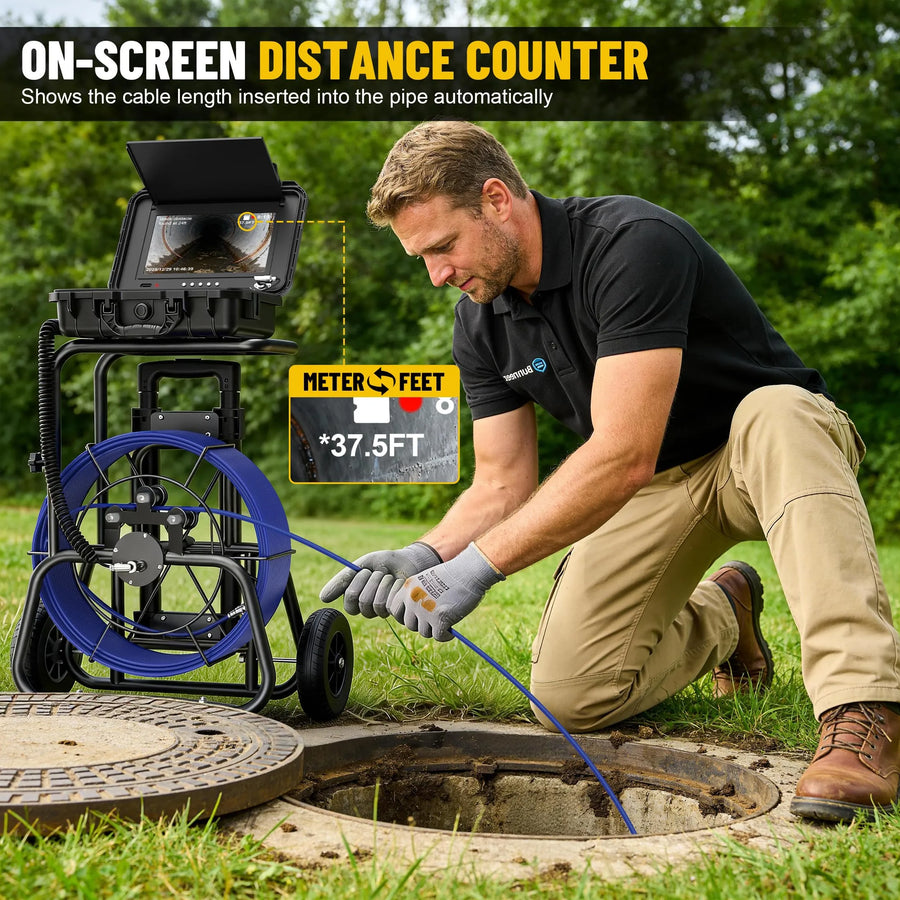 Powerwill PW10DZ on-screen distance counter during an outdoor pipe inspection