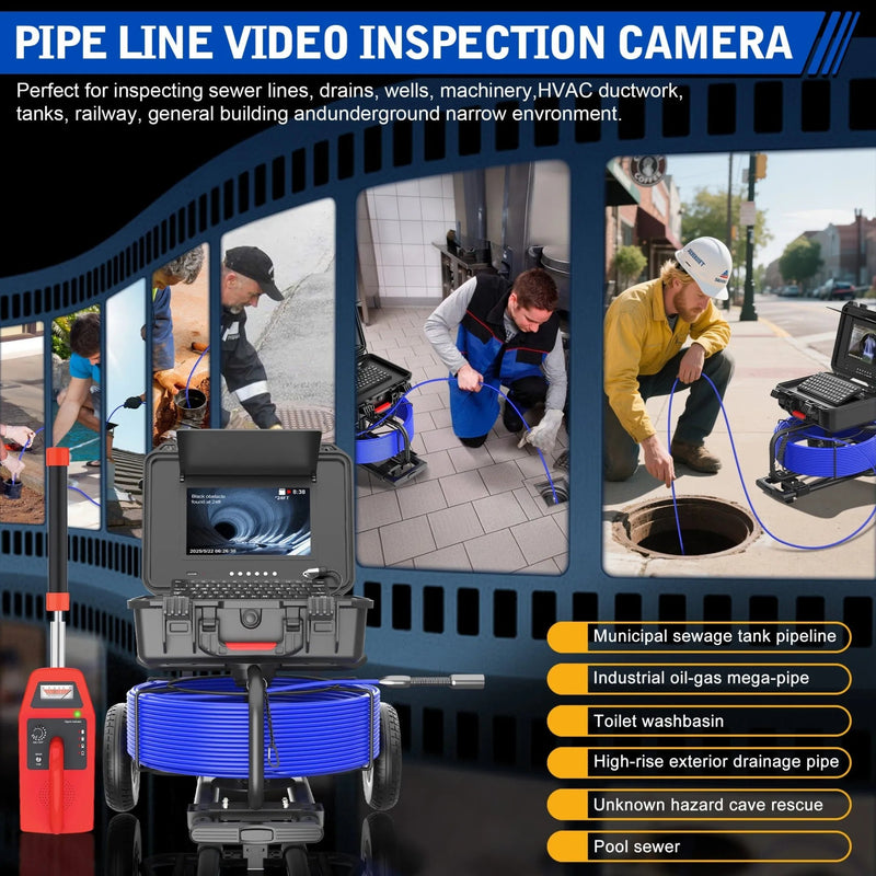 Powerwill 10DX1 Sewer Inspection Camera – 512Hz Locator, Self - Leveling, 246ft Cable - PowerwillPW10DX1-75M-DVR-7C-512TR-ZPH-JS-JP32G-BE-F