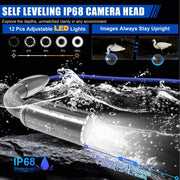 Self-leveling IP68 waterproof camera head with 12 LED lights on the 10DZ sewer camera ensures clear visuals in dark, wet environments.