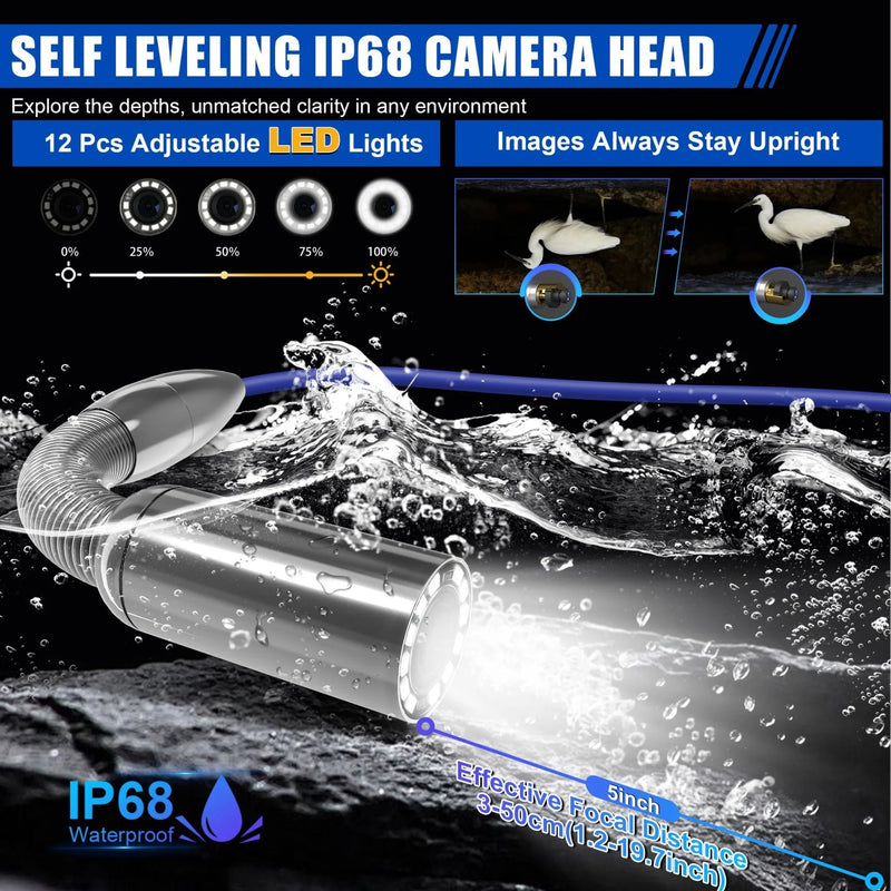 Self-leveling IP68 waterproof camera head with 12 LED lights on the 10DZ sewer camera ensures clear visuals in dark, wet environments.