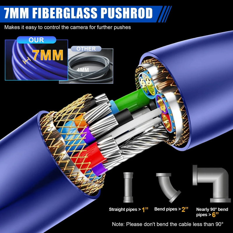 7mm fiberglass pushrod in the 10DZ sewer inspection camera ensures flexibility and durability for navigating tight or curved pipes with ease.