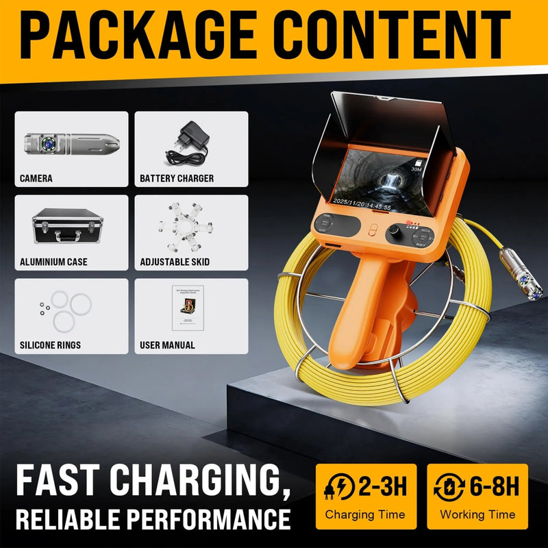 Powerwill 7DH2 Sewer Camera - Rotating Dual - Camera, HD Screen, IP68, 6 LED Lights, 16GB (66FT) - PowerwillPW7DH2-20M-6C-DVR-DC1-JS-16G-Y-F