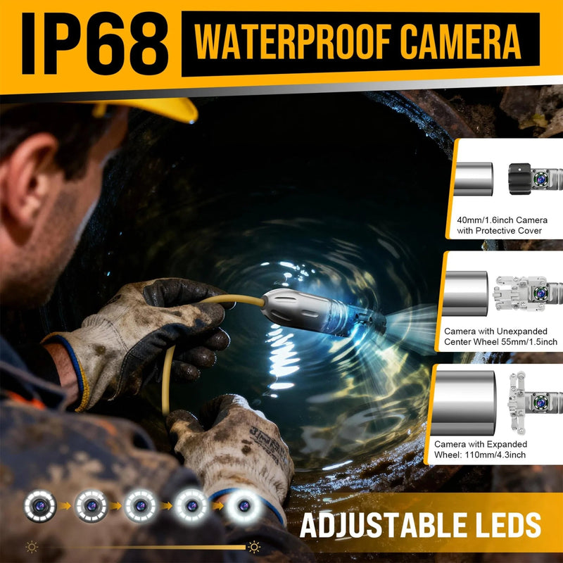 Powerwill 7DH2 Sewer Camera - Rotating Dual - Camera, HD Screen, IP68, 6 LED Lights, 16GB (66FT) - PowerwillPW7DH2-20M-6C-DVR-DC1-JS-16G-Y-F