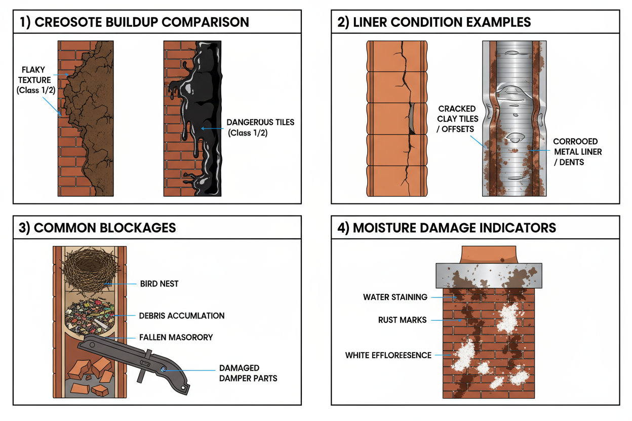 Chimney inspection diagnosis examples including creosote buildup, liner damage, blockages, and moisture staining