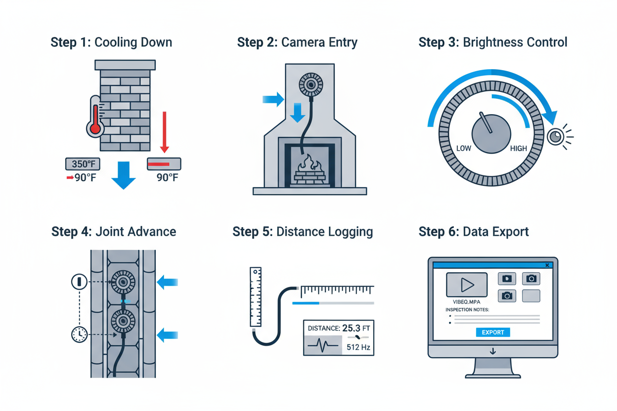 Step-by-step chimney inspection camera process from entry and brightness control to data export