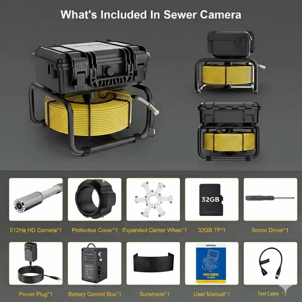Powerwill L09D1 sewer inspection camera package contents including 512Hz camera head and accessories
