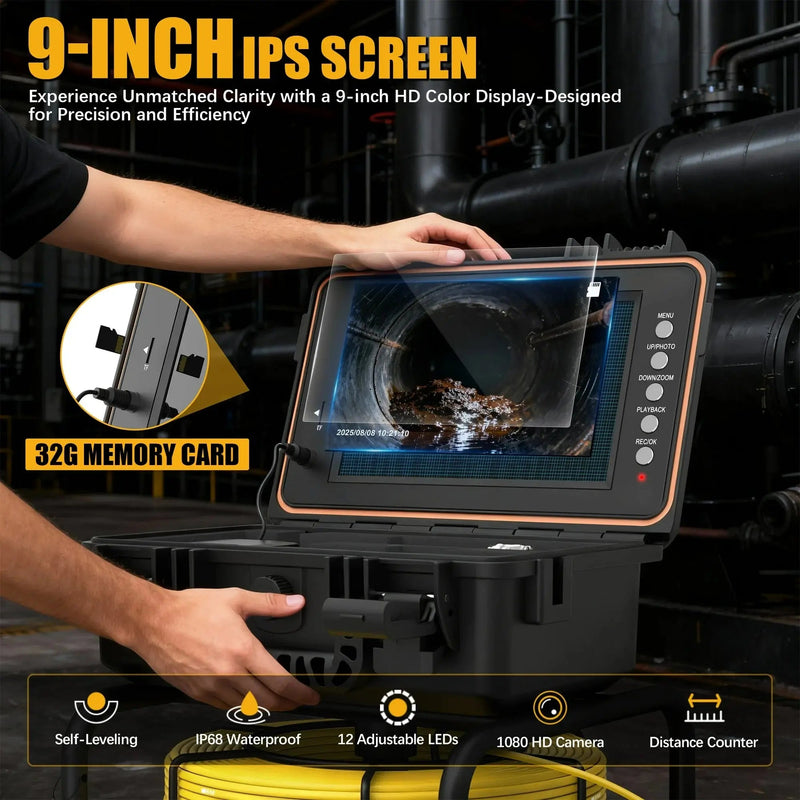 Powerwill L09D1 Sewer Inspection Camera – DVR, Self - Leveling, 9" IPS Monitor - PowerwillPWL09D1-20M-DVR-5C-ZK-32G-Y