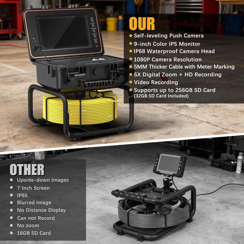 Powerwill L09D1 Sewer Inspection Camera – DVR, Self - Leveling, 9" IPS Monitor - PowerwillPWL09D1-20M-DVR-5C-ZK-32G-Y