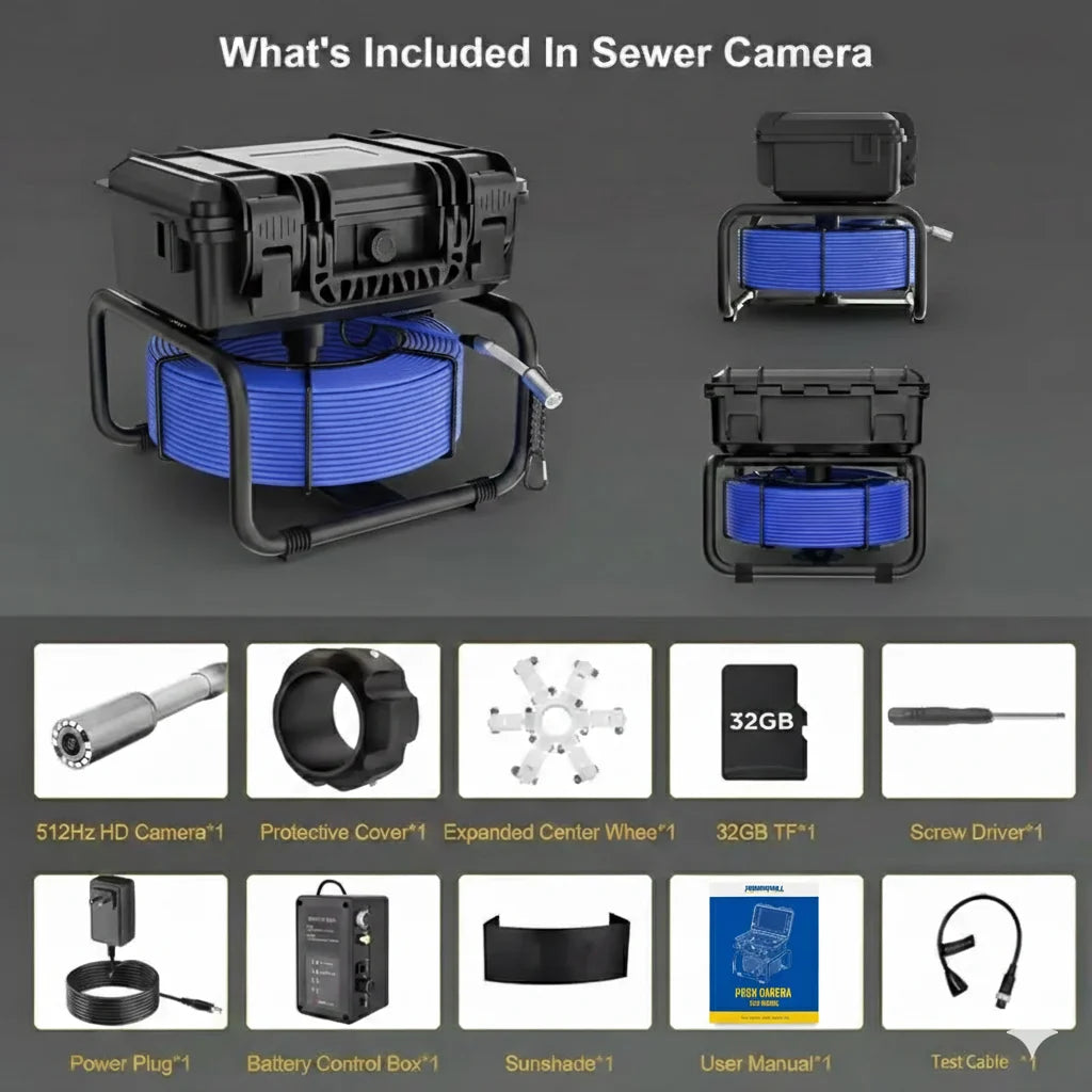 Powerwill L09D2 sewer inspection camera package contents including 512Hz camera head and accessories
