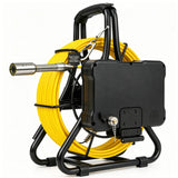 Powerwill PW07D6 sewer camera rear three-quarter view with monitor housing and probe beside the reel