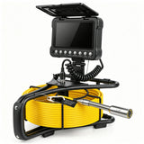 Powerwill PW07D6 sewer inspection camera side view with open monitor sunshade and yellow cable reel