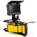 Powerwill PW07D6 sewer camera three-quarter view with open monitor and yellow push cable reel