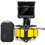 Powerwill PW07D6 sewer camera front view with black accessory case beside the yellow cable reel