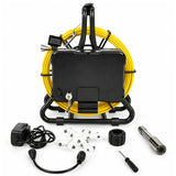 Powerwill PW07D6 sewer inspection camera rear view with charger, camera guides, probe and screwdriver