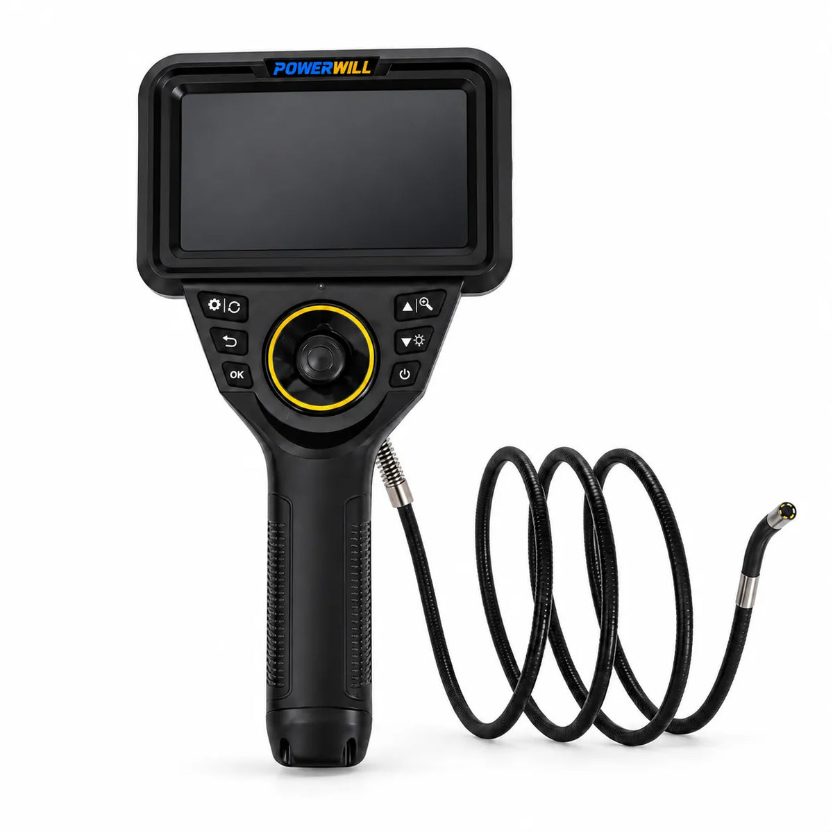 Powerwill PW506 4-way articulating borescope front view with display, control wheel and flexible probe