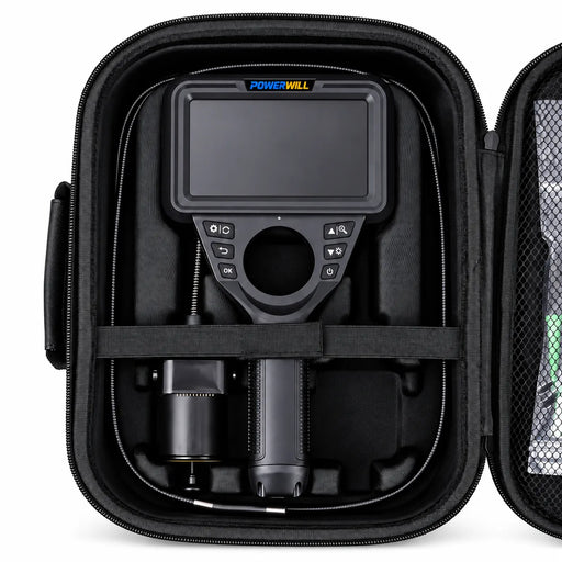Powerwill PW506 4-way articulating borescope secured inside an open fitted carrying case