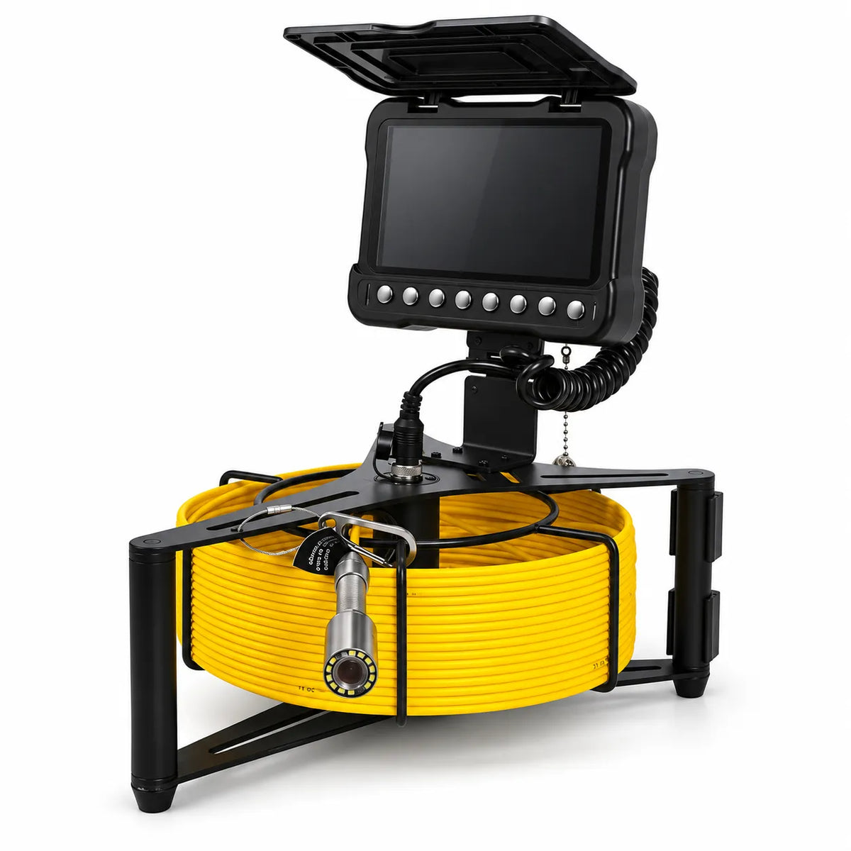Powerwill PW7D7 sewer inspection camera side view with monitor sunshade open and yellow cable reel