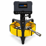 Powerwill PW7D7 sewer camera front view with monitor cover closed and probe beside yellow push cable