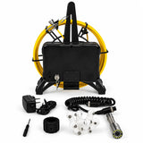Powerwill PW7D7 sewer camera upright rear view with charger, coiled connection cable and camera guides