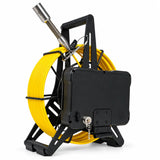 Powerwill PW7D7 sewer inspection camera rear angle showing monitor housing and yellow cable reel