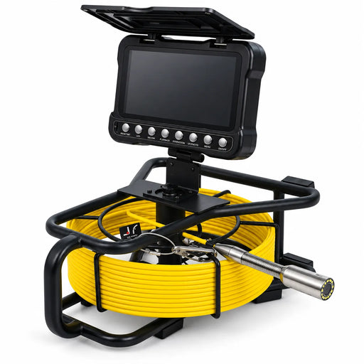 Powerwill PW7D8 sewer inspection camera three-quarter view with open monitor and yellow cable reel