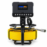Powerwill PW7D8 sewer camera front view with monitor cover closed above yellow push cable