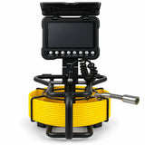 Powerwill PW7D8 sewer camera front view with monitor sunshade open and probe beside yellow reel