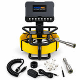 Powerwill PW7D8 sewer camera with monitor cover closed, charger, camera guides and coiled cable