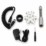 Powerwill PW7D8 sewer camera accessories with coiled connection cable, camera probe, guides and charger