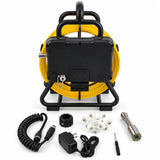 Powerwill PW7D8 sewer camera upright rear view with charger, cable, probe and guide accessories
