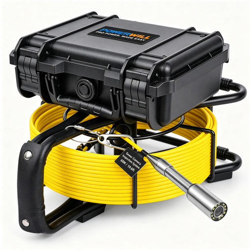 Powerwill PW9D6 sewer camera front angle with monitor case closed above yellow cable reel