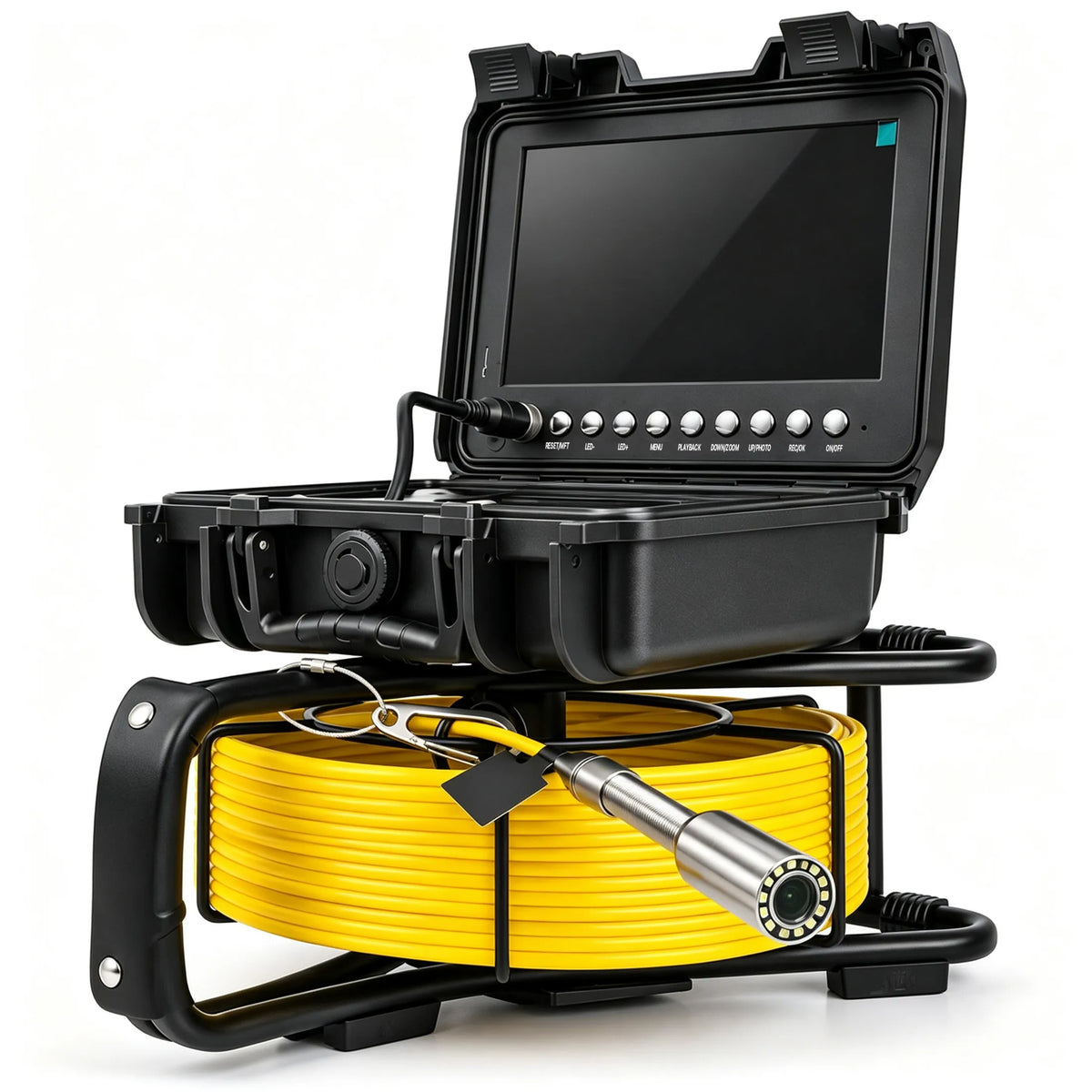 Powerwill PW9D6 sewer inspection camera with open monitor case, yellow push cable and stainless steel probe