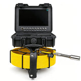 Powerwill PW9D6 sewer inspection camera front view with monitor case open above yellow push cable