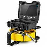Powerwill PW9D6 sewer camera low-angle view with open monitor case and yellow cable reel