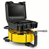 Powerwill PW9D6 sewer camera elevated view with monitor case open and probe beside yellow cable reel