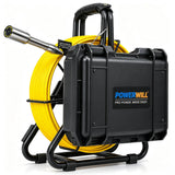 Powerwill PW9D6 sewer camera rear three-quarter view with yellow cable reel and probe