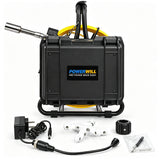 Powerwill PW9D6 sewer camera upright rear view with camera probe, charger and guide accessories