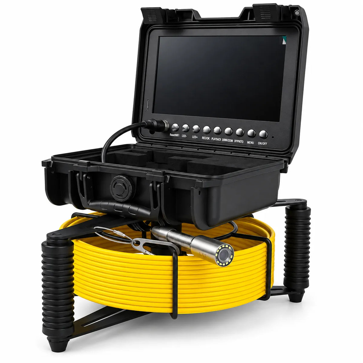 Powerwill PW9D7 sewer inspection camera with open monitor case, yellow push cable and padded side handles