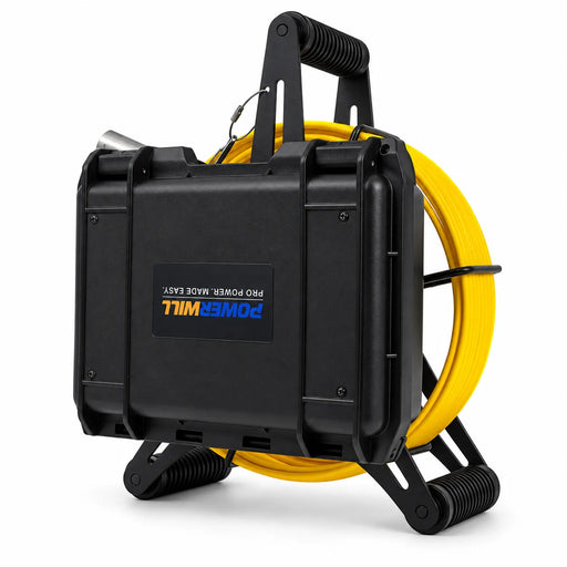 Powerwill PW9D7 sewer camera rear angle with monitor case closed and yellow cable reel upright
