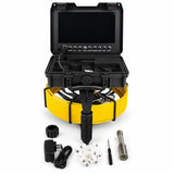 Powerwill PW9D7 sewer camera front view with open monitor case, charger, camera probe and guide accessories