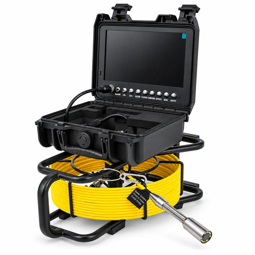 Powerwill PW9D8 sewer inspection camera with open monitor case and yellow push cable in tubular frame
