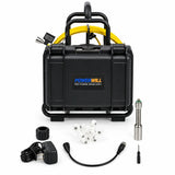 Powerwill PW9D8 sewer camera upright rear view with charger, camera probe and guide accessories