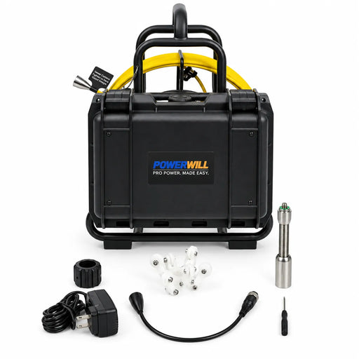 Powerwill PW9D8 sewer camera upright rear view with charger, camera probe and guide accessories
