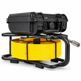 Powerwill PW9D8 sewer inspection camera side view with monitor case closed above yellow cable reel