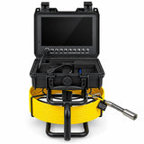 Powerwill PW9D8 sewer inspection camera front view with open monitor case above yellow push cable