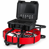 Powerwill PW9D8-V1 sewer inspection camera side angle with monitor case open above red cable reel