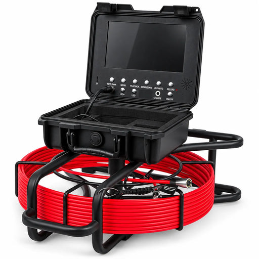 Powerwill PW9D8-V1 sewer inspection camera side angle with monitor case open above red cable reel
